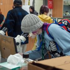 Female student looking into a microscope